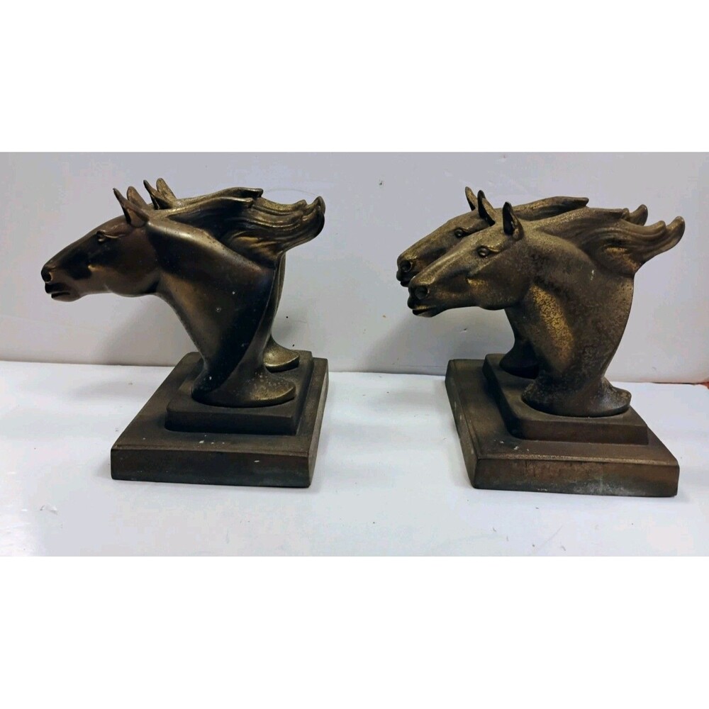 Antique Vintage Signed Frankart Art Deco Double Horse Head Bookends Pair